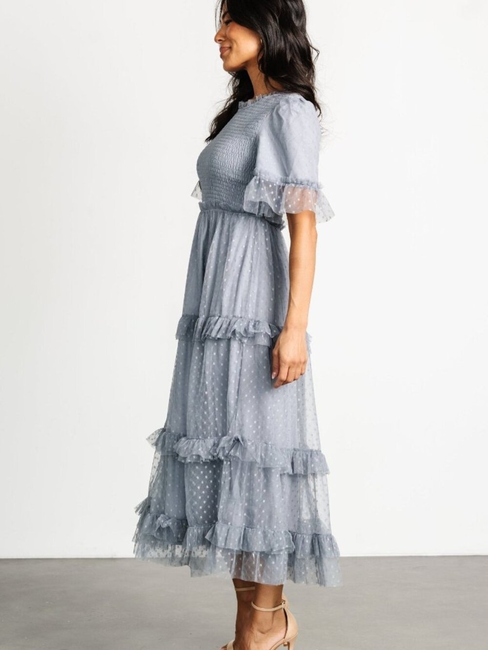 Baltic Born Lysandra Smocked Dot Dress | Dusty Slate Size MM - Picture 6 of 13